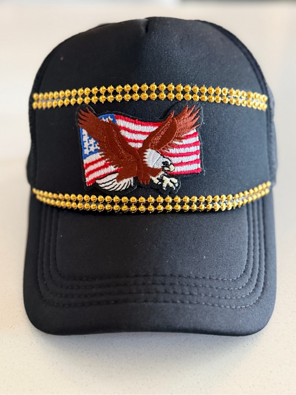 NWT Custom Black Eagle & American Flag Embroidered Cap with Gold Bead Trim